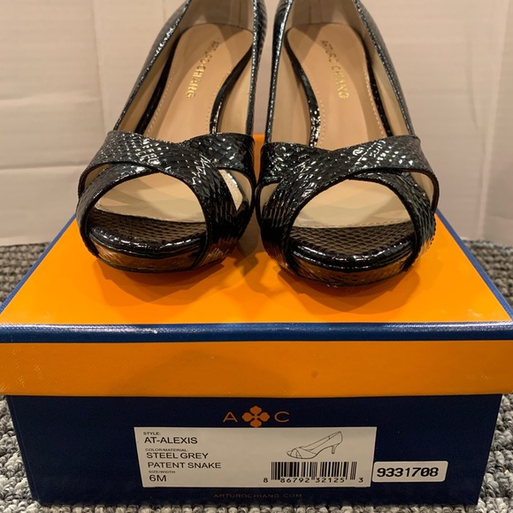 Arturo Chiang Alexis Black Patent Snake Peep Toe Platform Stiletto Heel Shoes - Picture 7 of 9